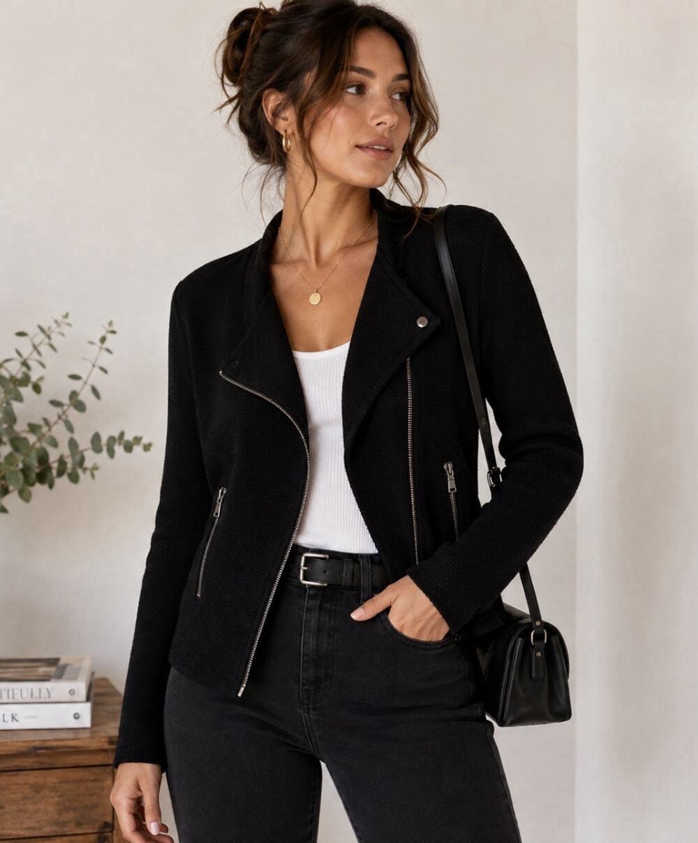 LOFT Black Knit Moto Jacket Small Asymmetrical Zip Motorcycle Cardigan